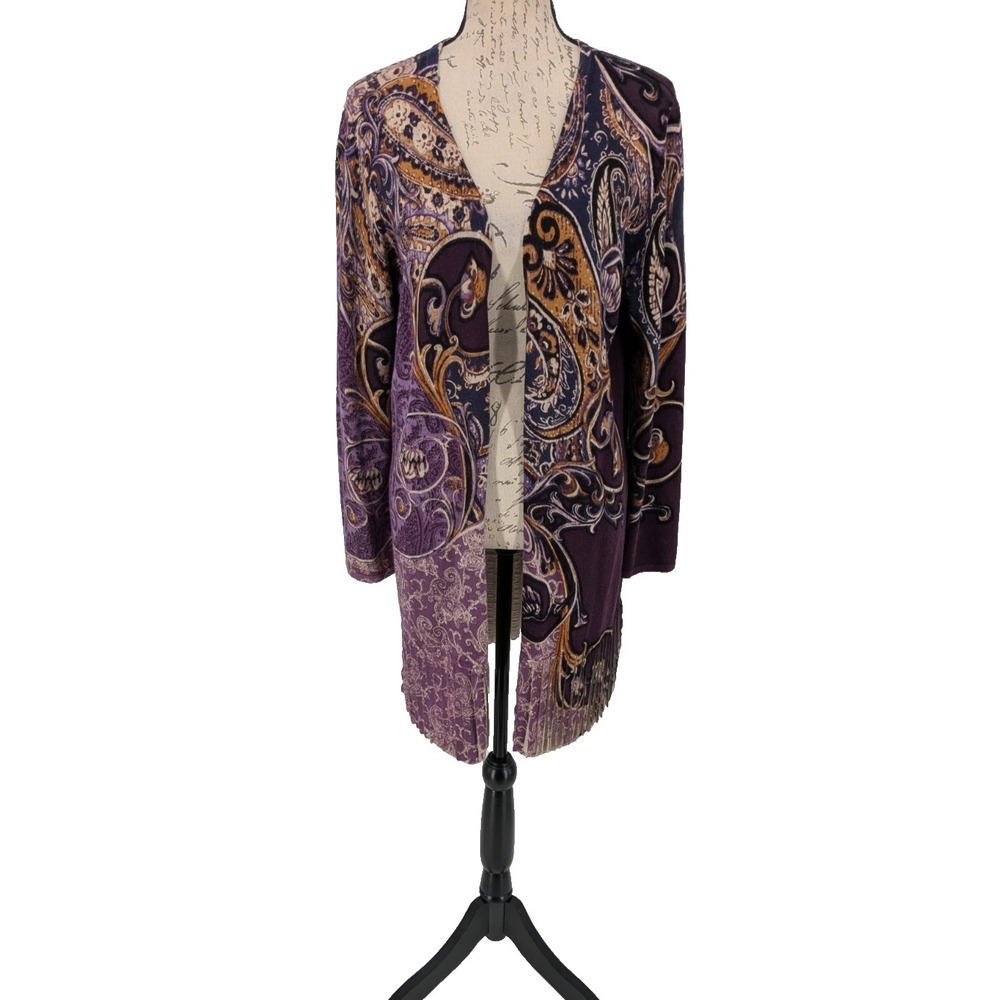 CHICOS Cotton Blend Sweater Purple Gold Paisley Pleated Hem Appears Unworn